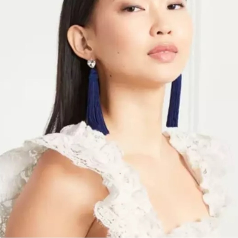 NWT Hill House Earrings Navy Tassel Rhinestone Heart Silver Tone